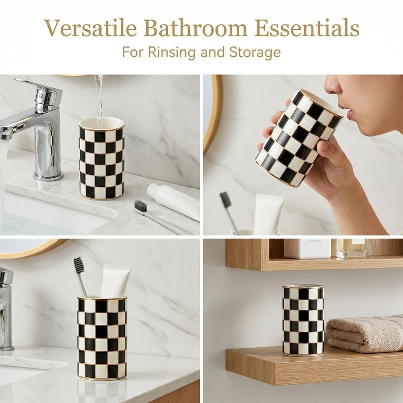 Checkered Ceramic Toothbrush Holder, Cute & Durable for Bathroom, Ideal