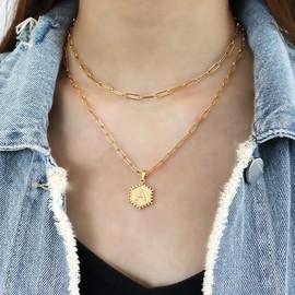 Layer Initial Necklace for Women 18K Gold Plated Layering Paperclip Link Chain Necklace Cute Hexagon Letter Pendant Initial Choker Necklace for Girls
