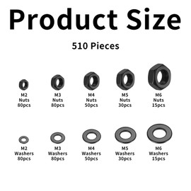 510 Pcs M2 M3 M4 M5 M6 Black Hex Nuts Set and Flat Washers for Screws: 255 Self Locking Nuts Assortment + 255 Metal Washer Assorted washers, Hex Lock nuts Captive Nut and Lock Washer Spacers