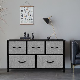 AZL1 Life Concept Extra Wide Dresser Storage Tower with Sturdy Steel Frame,5 Drawers of Easy-Pull Fabric Bins, Organizer Unit for Bedroom, Hallway, Entryway, Grey with Black