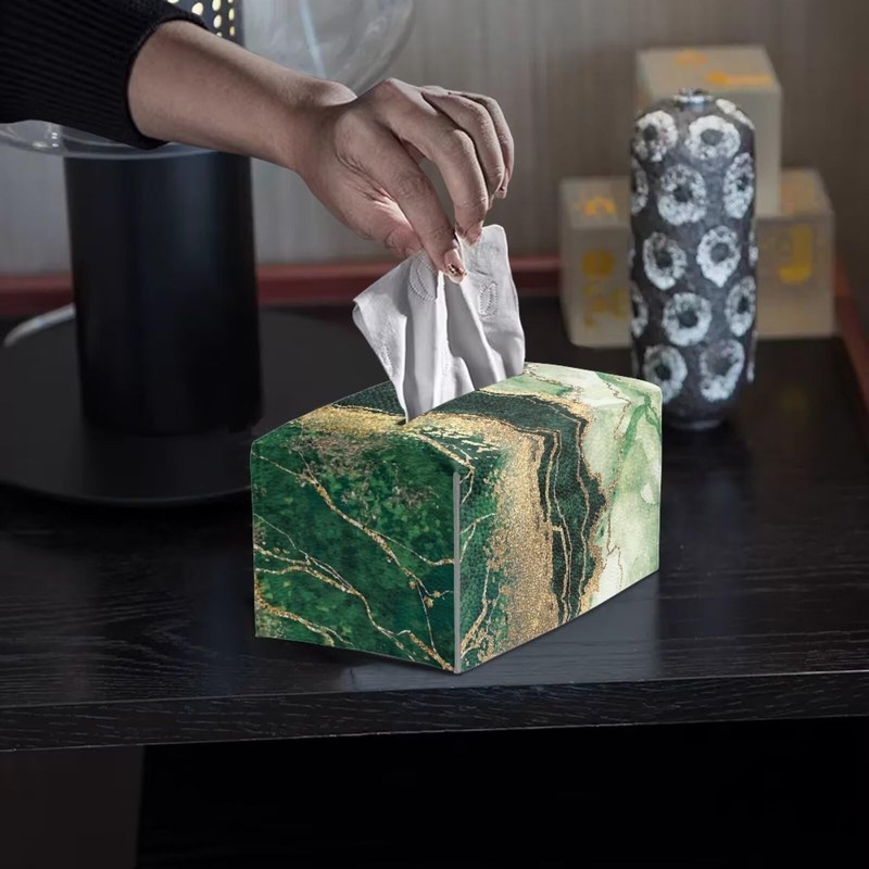 COEQINE Black Green Marble Print Tissue Box Cover Rectangular,Leather Tissue
