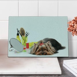Lunarable Dog Lover Cutting Board, Yorkshire Terrier with Grooming Items Haircut Scissors Mirror Comb Print, Decorative Tempered Glass Cutting and Serving Board, Small Size, Multicolor