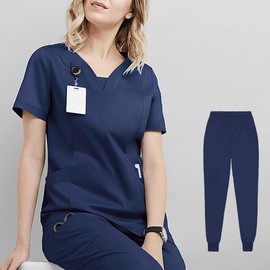 Meichoon Nurses' Gown Set V-neck Top and Slim Pants Elastic and Sweat-absorbent Hospital Grooming Pet Men's and Women's use DK06 Navy Blue Medium
