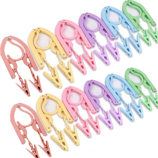 YOUOWO Folding Hangers, Travel Hanger Set, Foldable, For Travel, Business Trips, Laundry & Drying Convenient, Lightweight, 6 Colors, 12 Hangers with 24 Pinches