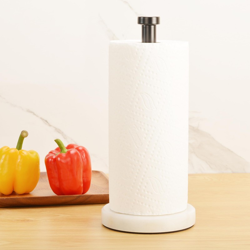Kitchen Paper Towel Holder Countertop, Black Stainless Steel Rod, White