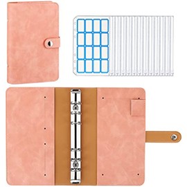 A6 Budget Binder PU Leather Money Ring Binder Set Notebook 6 Ring Budget Planner with 12 Clear Cash Pockets 16 Label Stickers Budgets Sheets for Money Saving Wallet Cash Organizer Travel Diary - Pink