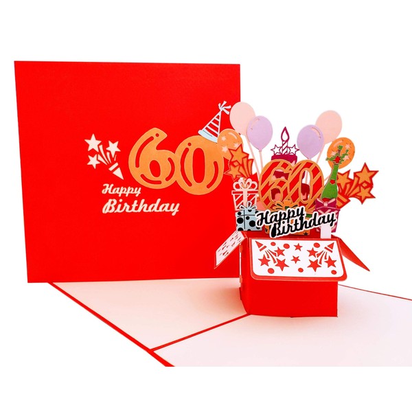 iGifts And Cards Happy 60th Red Birthday Party Box 3D Pop Up Greeting Card – Sixty, Awesome, Balloons, Presents, Unique, Celebration, Feliz Cumpleaños, Fun