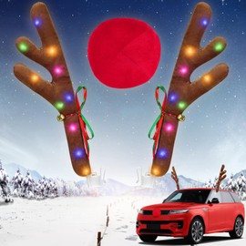 Angooni Charming Christmas Car Decoration, Festive Reindeer Car Kit, Car Reindeer Antlers & Nose, Christmas Lights for Car, Nice Gift for Families & Friends, Suitable for Jeeps, Trucks, Golf Carts..