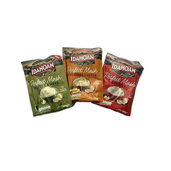 Idahoan Perfect Mash Cheddar Cheese Flavour , Buttery Flavour, Butter & Herbs Flavour , 3 Pack Bundle
