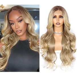 Sapphirewigs Brown 13x4 Synthetic Lace Front Wig Body Wave Dark Roots Brown Balayage Kanekalon Futura Wig Party Date Daily Wear Natural Looking Wig 26inch