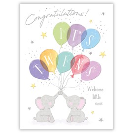 Noel Tatt New Baby Twins Congratulations Card - Birth Congratulations Card with Elephants and Balloons Design and Embossed Foil Details