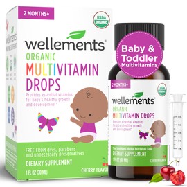 Wellements Organic Baby Multivitamin Drops (1 Fl Oz) - Cherry Flavor Liquid Multivitamins for Infants & Toddlers (2 Months+) - Toddler Vitamins for Immune Support*, Healthy Growth & Bone Development*