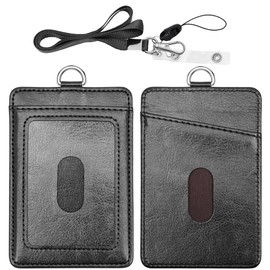 PU Leather ID Badge Holder, Life-Mate ID Badge Holder with 2 Thumb Slide Slots 1 Diagonal Slots Nylon Lanyard for ID Credit Card Business Card in Black (1 Pack)