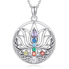 YEESIA 7 Chakra Lotus Pendant Necklace, 925 Sterling Silver Celtic Knot Yoga Chakra Necklace, Lotus Chakra Gifts, Spiritual Jewelry for Women and Mothers, Sterling Silver