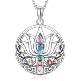 YEESIA 7 Chakra Lotus Pendant Necklace, 925 Sterling Silver Celtic Knot Yoga Chakra Necklace, Lotus Chakra Gifts, Spiritual Jewelry for Women and Mothers, Sterling Silver