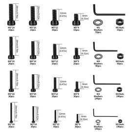 1225pcs M2 M3 M4 M5 Hexagon Socket Screws, Bolts, Nuts, and Washers Assortment Kit, Carbon Steel Black Countersunk Head Threaded Screws, Nuts and Washers Set(1225 black cup head)