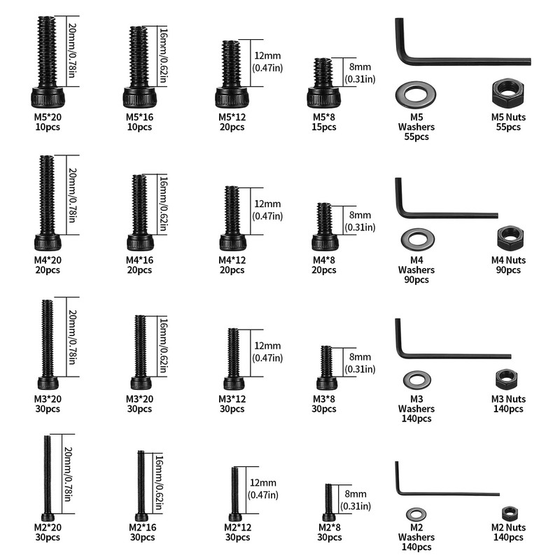 1225pcs M2 M3 M4 M5 Hexagon Socket Screws, Bolts, Nuts,