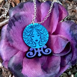 Big Blue Haunted Madame Fortune Teller Mystic Face Mansion Inspired Pendant Necklace Jewelry