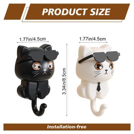 2 Cartoon Cat in Sunglasses Creative Gra-vity Hook Cute Cat Key Hook Pet Wall Hooks for Hanging Key, Bag, Hat, Towel (Black and White)