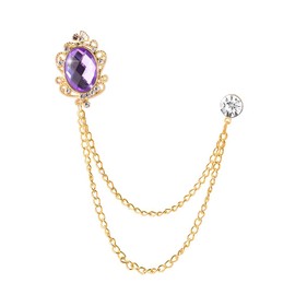 Crystal Brooch Pin Tassel Chain Brooch Collar Pins Rhinestone Lapel Pin for Men Purple Gem Brooch Pins Gold Double Hanging Chains for Suit Tuxedo of Shirts Tie Hat Scarf Accessories
