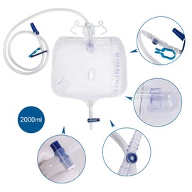 Pevor Urinary Drainage Bag Urine Collection Bag with Anti-Reflux Chamber Medical Drain Bag 48" Drainage Tub, 2000ml (Pack of 5)