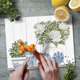 CounterArt Pottery In Blue & White Decorative 3mm Heat Tolerant Tempered Glass Cutting Board 10" x 8" Manufactured in the USA Dishwasher Safe