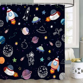 Outer Space Shower Curtain for Kids, Funny Cartoon Rocket Planet Sun Starry Sky Astronaut Shower Curtains, Galaxy Universe Waterproof Polyester Fabric Shower Curtain Set with 12 Hooks, 72x72 Inch