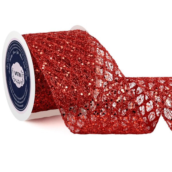 VATIN 4" Red Christmas Ribbon, Red Glitter Mesh Diamond Web