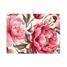 Pink Peony Dish Drying Mats for Kitchen Counter, Absorbent Reversible Microfiber Dish Drying Pad, Multi-Use Large Drying Mat Coffee Bar Accessories 18"x24"