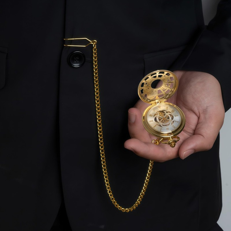 DerMacht Steampunk Gold Pocket Watch Skeleton Mechanical Gear Hand-Wind Roman