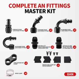 BRIFITOR 8AN Push Lock Barb Hose End Fitting Kit 0/45/90/180 Degree With Anti-Leak Male Fittings Adapters, Hose Separator Clamps & AN Wrench Protectors, All-in-One Kit For NBR Rubber Fuel Line