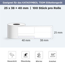 SUPVAN Katasymbol T50M Pro Label Tape Paper, Waterproof Labels for Home, School, Office, 25 x 38 + 40 mm, 100 Labels/Roll (White)