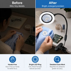 LED Magnifying Glass Lamp for Close Work – 5X/10X Lighted Magnifier for Reading, Crafts & Repairs