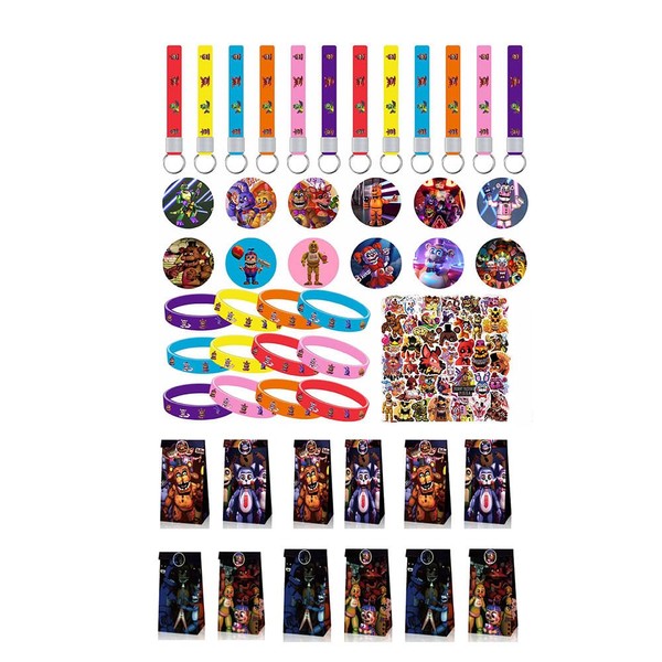 GEPAS 116pcs/set Kids Birthday Party Supplies Five Nights of Freddy , Themed Party, Include 68Pcs Stickers, 12Pcs Button Pins, 12Pcs Key Chains , 12Pcs Bracelets, 12Pcs Gift Bags
