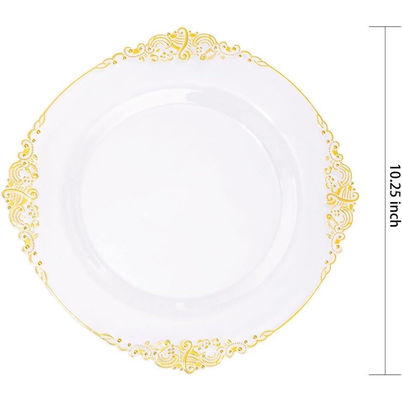 25 Pcs 7.5inch Plastic Plates - White and Gold with