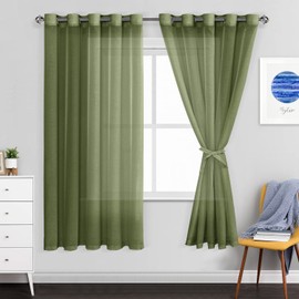 JIUZHEN Semi Sheer Curtains for Living Room - 63 inches Extra Long with Tiebacks Light Filtering Grommet Window Curtains for Bedroom/Office, 60Wx 63L, Set of 2 Panels,Olive Green