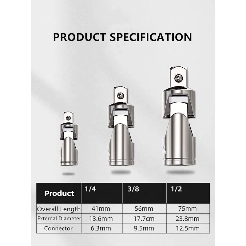 Universal Joint Insertion Angle 1/4" 3/8" 1/2" (6.35mm 9.5mm 12.7mm)