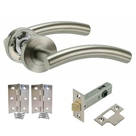Haven Heritage Door Handle Satin Nickle Arched T Bar Lever on Rose with Hinges and Tubular Latches