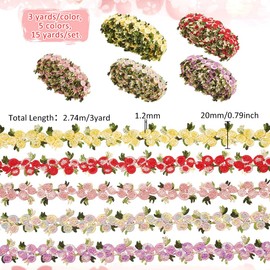 PH PandaHall 15 Yards 5 Colors Flower Lace Trim Ribbon, 2cm Embroidered Fabric Edge Floral Applique for DIY Sewing Crafts Dress Wedding Party Decor Clothes