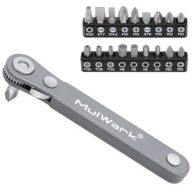 MULWARK 20pc 1/4 Ultra Low Profile Mini Ratchet Wrench Close Quarters Screwdriver Set with High Torque - Right Angle EDC Tool with 90 Degree Mini Offset Reversible Drive Handle & Multi Hex Bits Set