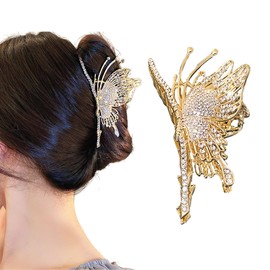 Rannyrena Gold Butterfly Metal Hair Claw Clips with Pearl Crystal Irregular Large Non-Slip Claw Clip Snake Hair Accessories for Women Thin Thick Hair (Gold Crystal Butterfly)