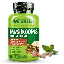 NATURELO NATURELO Mushroom Supplement C Brain & Immune Health Blend with Lion's Mane, Reishi, Turkey Tail C 90 Vegan Friendly Capsules