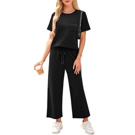WIHOLL Two Piece Sets for Women Summer Vacation 2025 Matching Sets Women Clothing Resort Wear Holiday Airport Cruise Travel Outfits for Airplane Comfy Petite Lounge Sets Black M