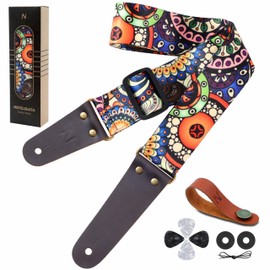 Nefelibata Guitar Strap, Nylon Print Flowers Guitar Straps with Head Cowhide Leather Ends for Bass, Electric & Acoustic Guitars, Free Strap Button, 1 Pair Strap Locks and 4 Guitar Picks