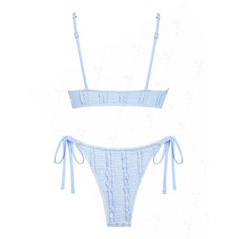 seamoly Lace Ruffled Trim Cinched Tied Front Tie Side Bikini Set,Light Blue, L