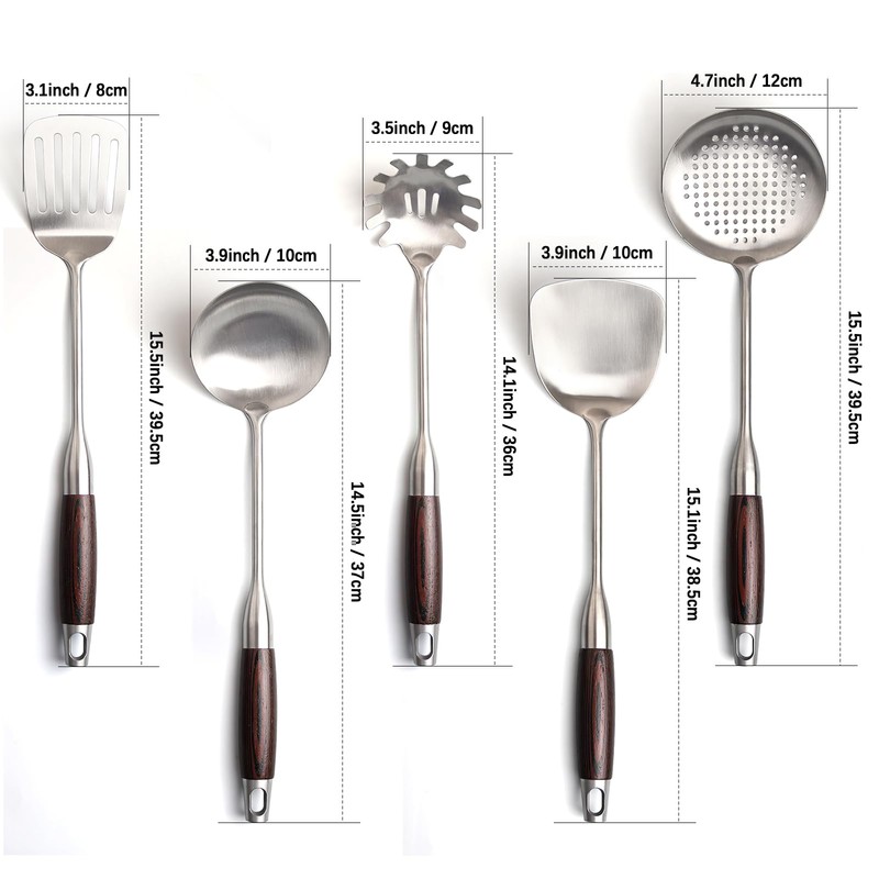 IQCWOOD Stainless Steel Cooking Utensils Set with Wooden Handle, 5