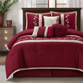 Wine Comforter Set King Size, 7 Piece Bedding Set for All Seasons, Elegant Microfiber Embroidery Floral, Bedskirt, Shams and Decor Pillows