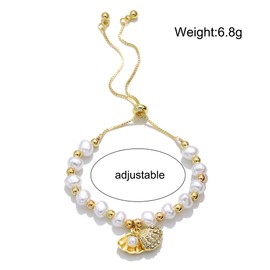 Lunestral Ocean Charm Bracelet 14k Gold Plated Pearl and Sea Shell Pendant- Boho Beach Themed Adjustable Women Trendy Link Bracelet Summer Beach Fashion Jewellery Gift (Pearl Shell)