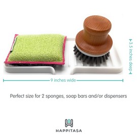 Happitasa Silicone Soap Dish Tray and Sponge Holder with Drain Chute | Bathroom and Kitchen Sink Organizer Caddy (White, 9"x3.5", 5.6 Ounces)