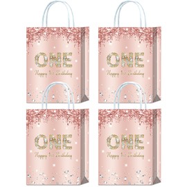 16 Pieces Rose Gold One 1st Birthday Party Favors Bags,Happy 1st Birthday Girl Gift Snacks Treat Candy Favors Bags with Handles for Girls First Birthday Party Decorations